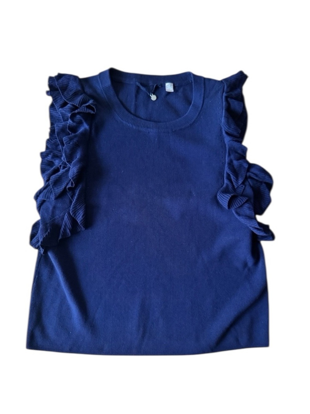 Knitted & Knotted Anthropologie Medium Navy Ribbed Ruffle Top Knit Sweater